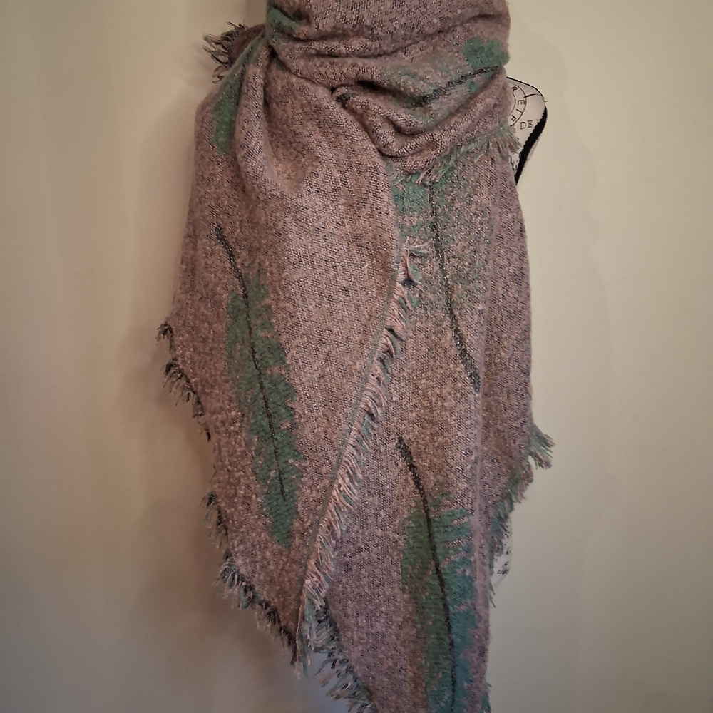 Cozy Pink/Gray and Green Fringed Shawl/scarf
